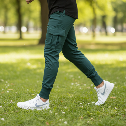 Person wearing green cargo pants and white sneakers walking on grass with trees in the background