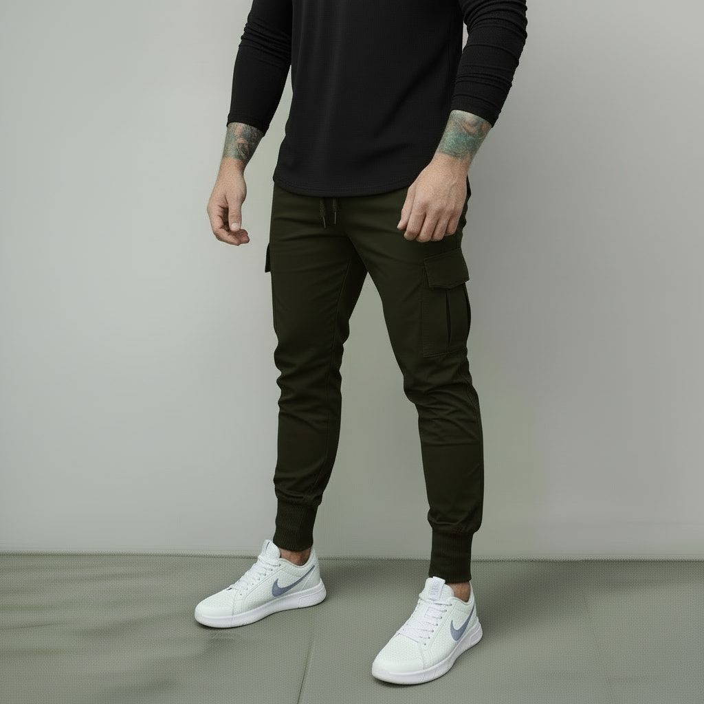 Person wearing dark green cargo pants and white sneakers on a plain background