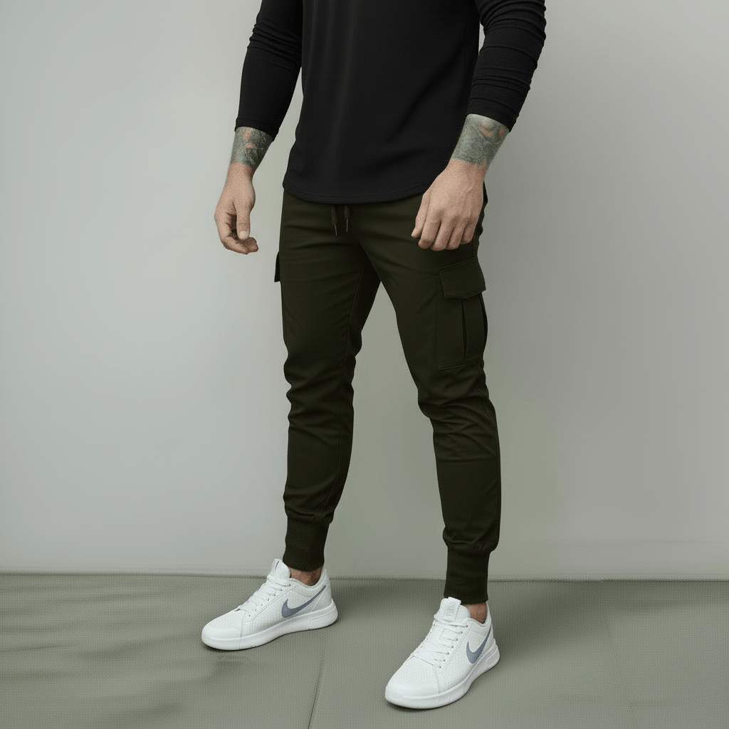 Person wearing dark green cargo pants and white sneakers on a plain background
