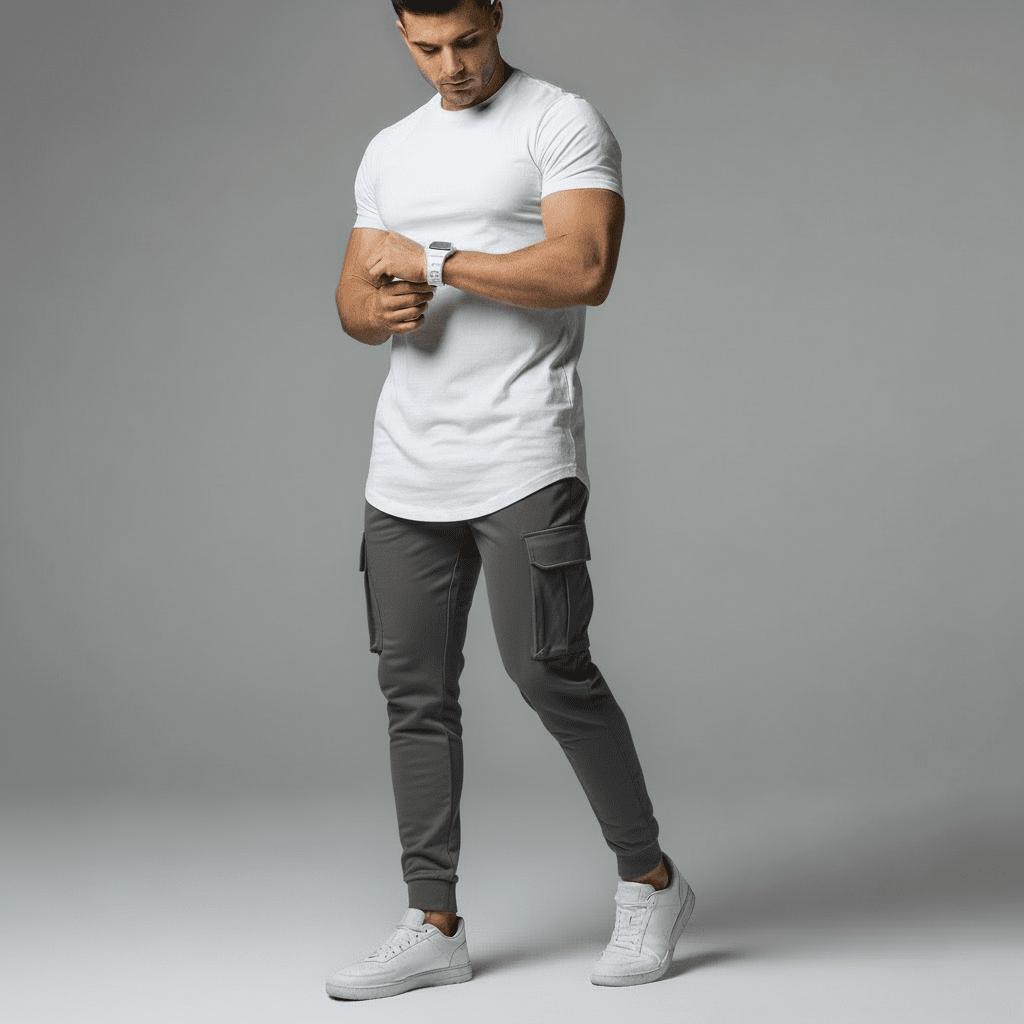 Man wearing a white t-shirt and dark cargo pants on a gray background