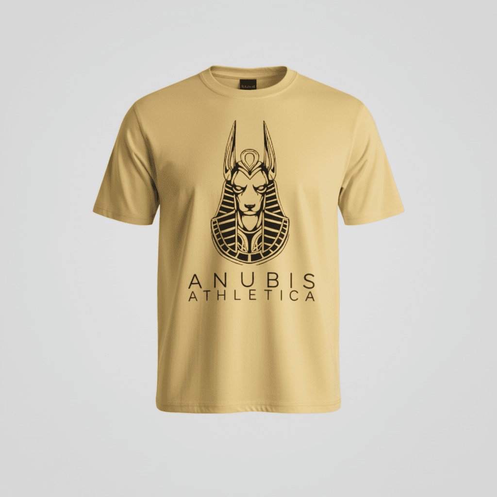 Beige t-shirt with black graphic design on a white background