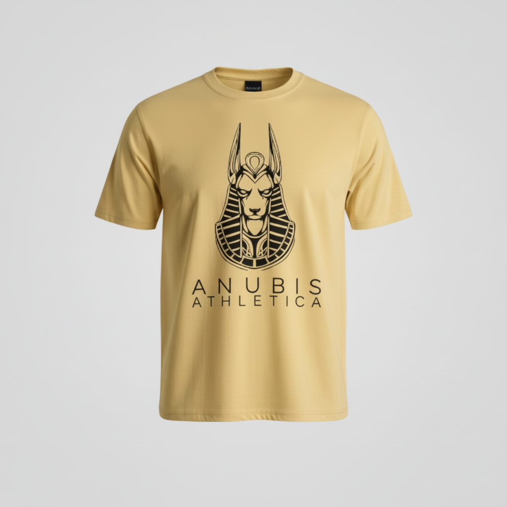 Beige t-shirt with black graphic design on a white background