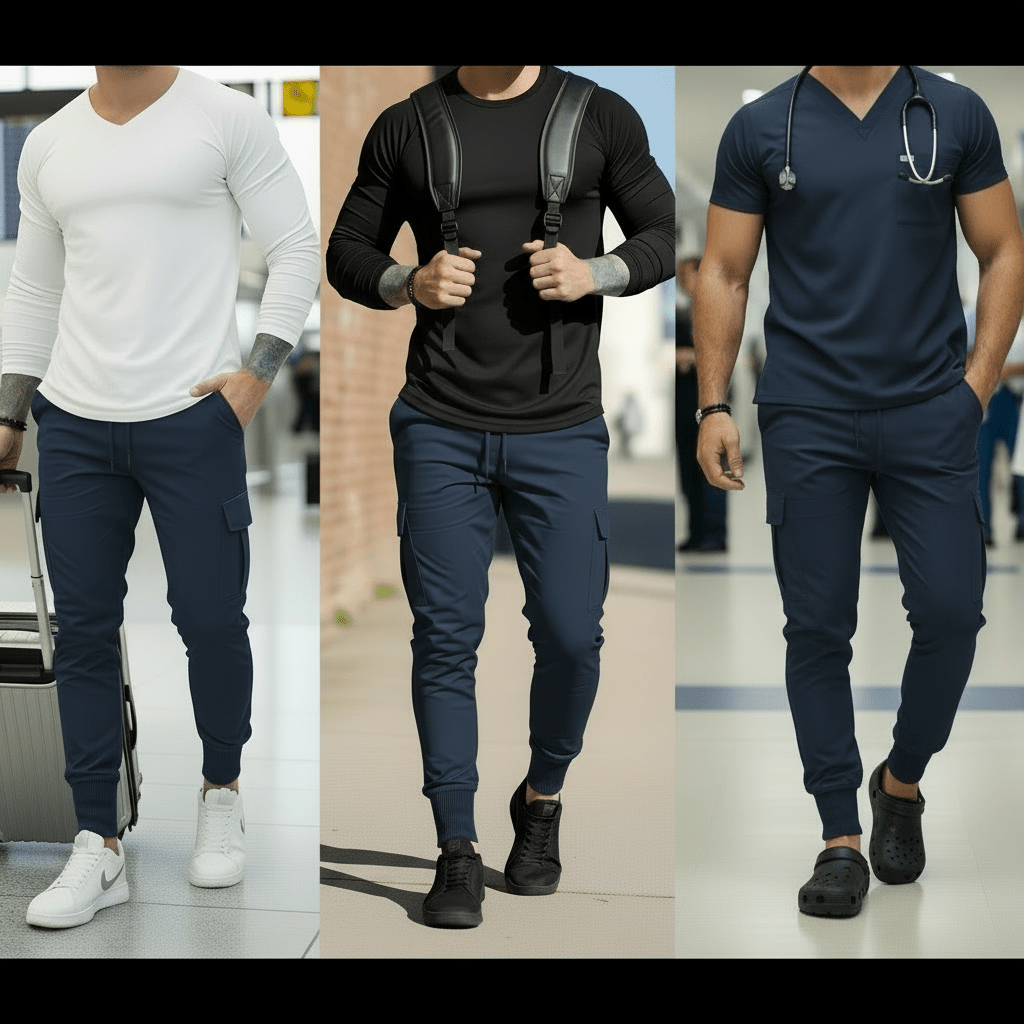 Three different outfits worn by a person with navy pants in various settings.