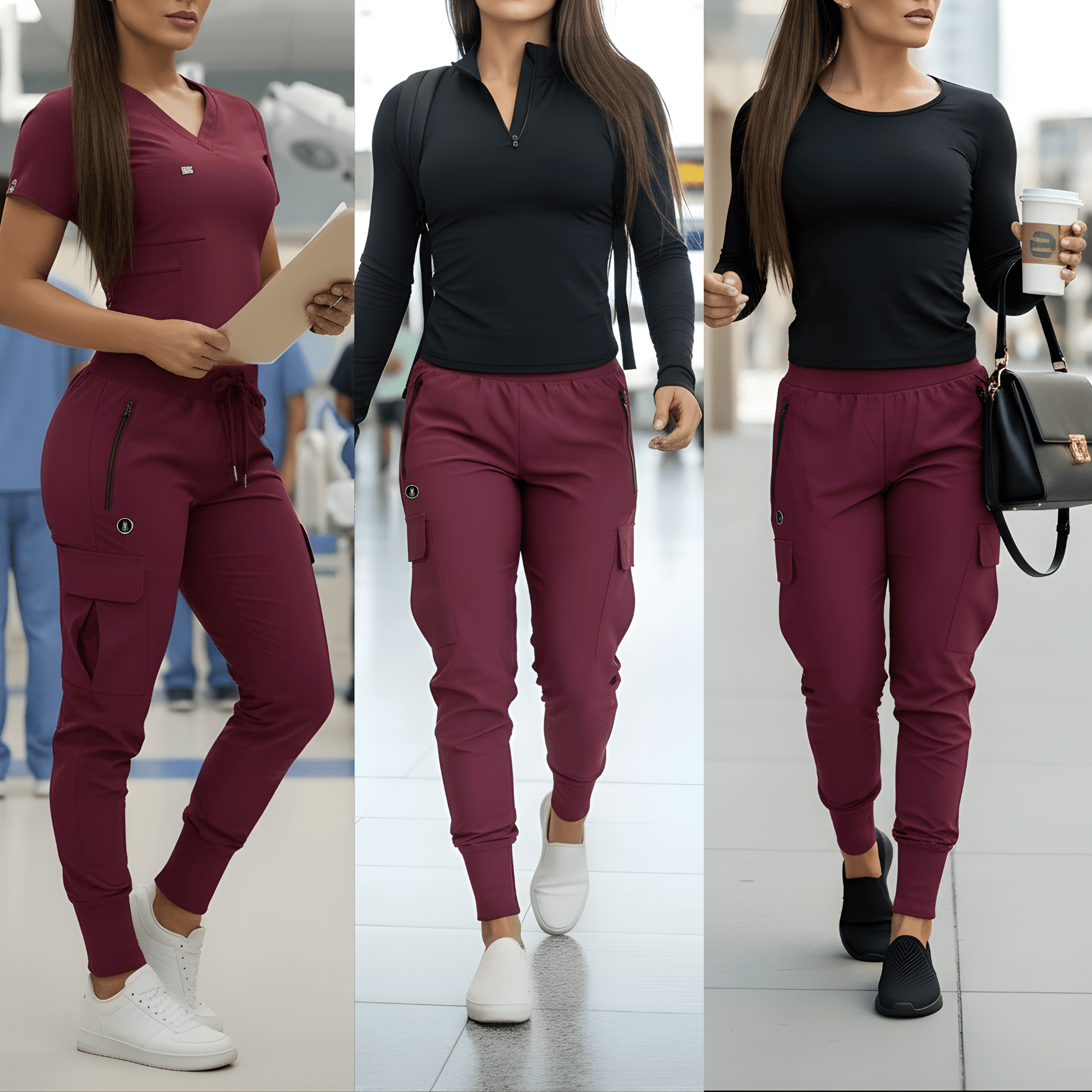 Three images of a person wearing a black top and maroon pants in different settings.