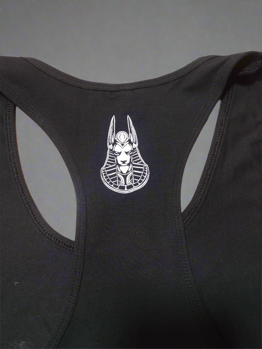 Black swimsuit with a white graphic on the back against a gray background