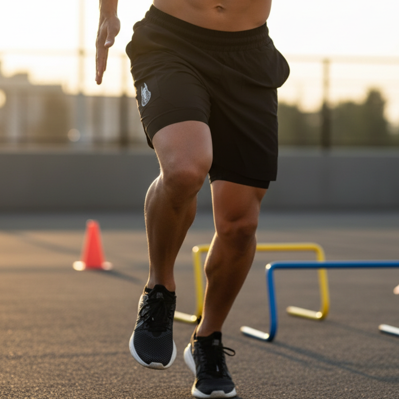 Person running on a track with sports equipment in the background