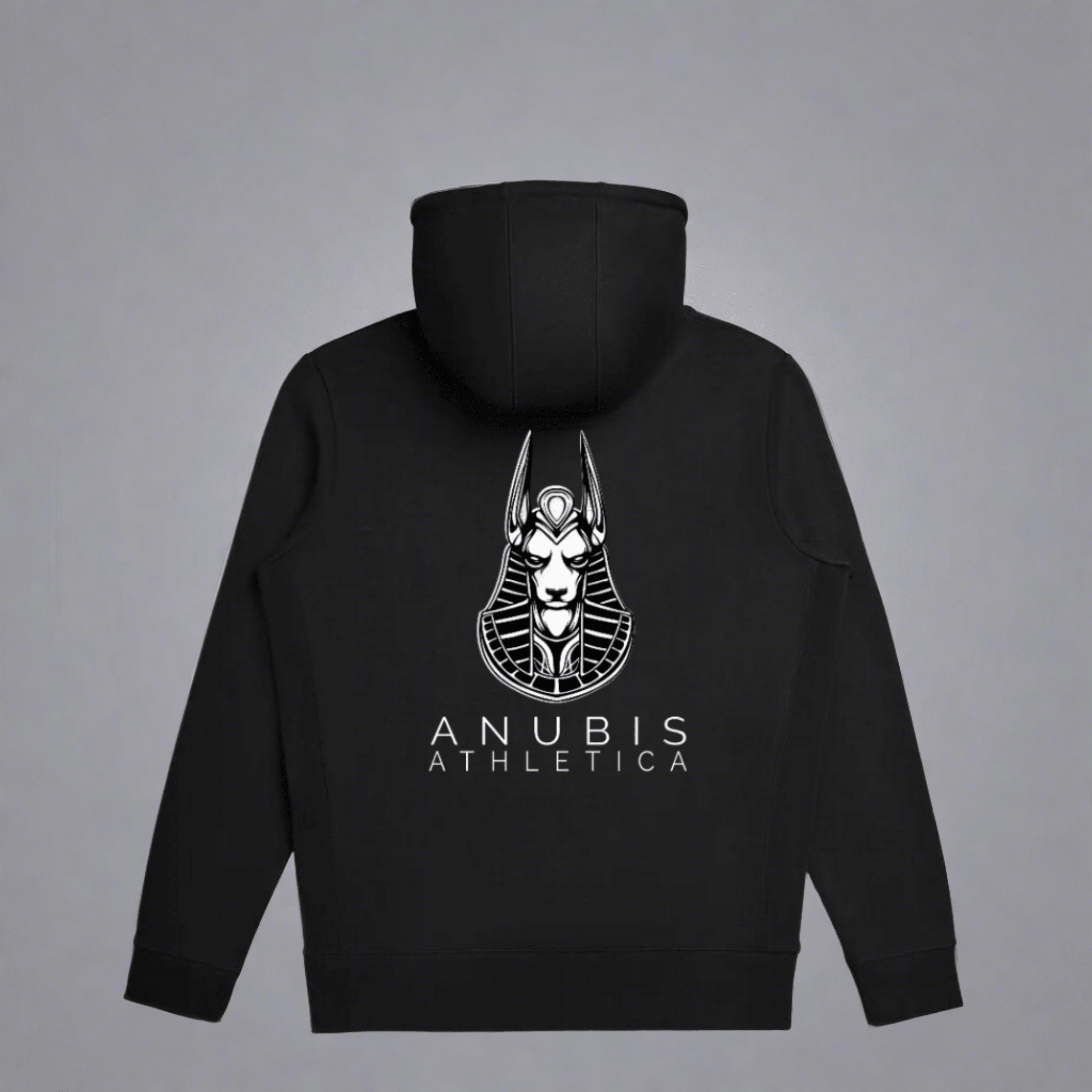 Rear view of a black hoodie with a picture of the company logo in the center printed in white