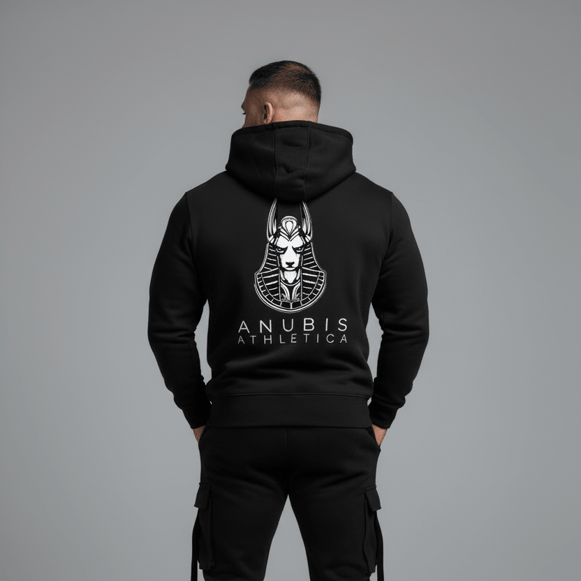 Person wearing a black hoodie with 'Anubis Athletics' logo on the back, standing against a gray background.