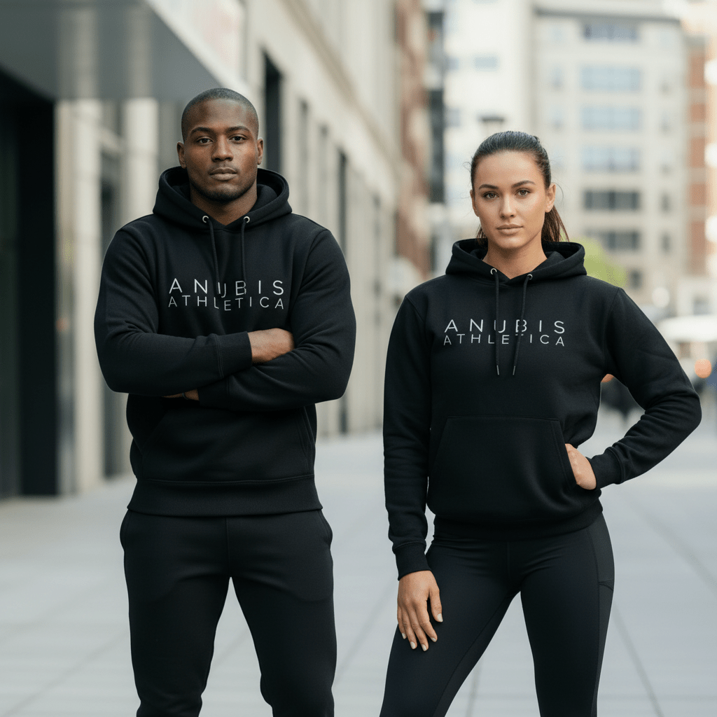 Person wearing a black hoodie with 'Anubis Athletics' logo on a white background