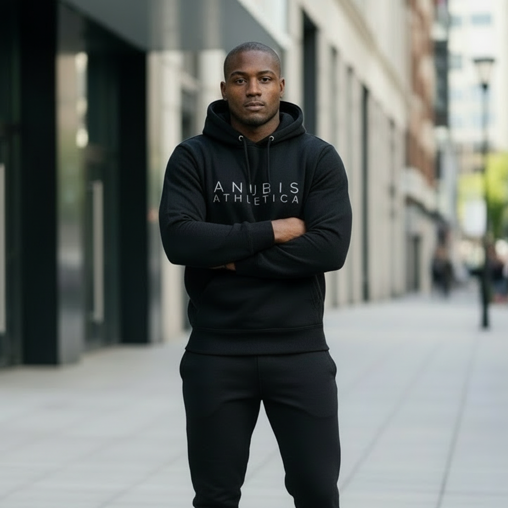 Person wearing a black hoodie with 'Anubis Athletics' logo on a white background