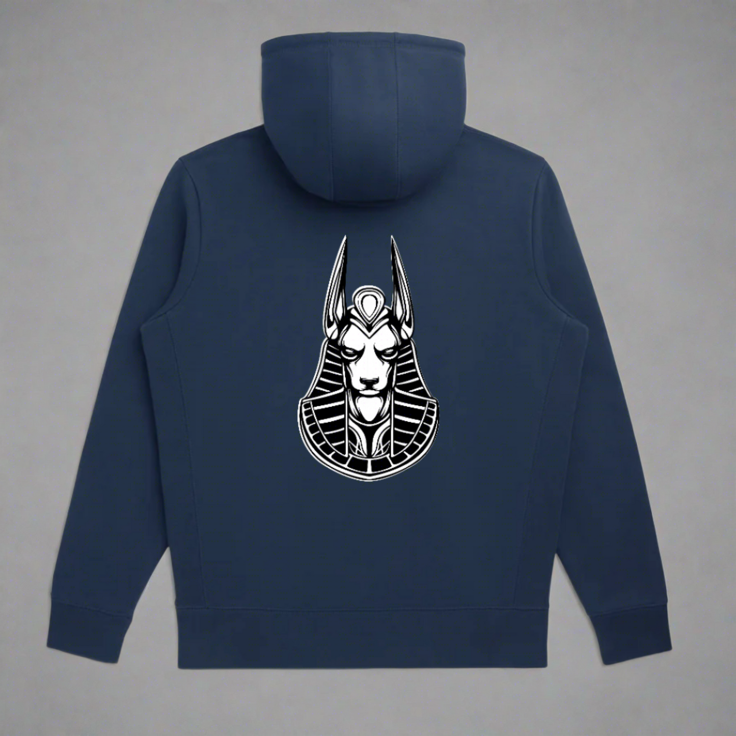 Back view of a blue Pull over hoodie with the logo of Anubis Athletica printed in the center