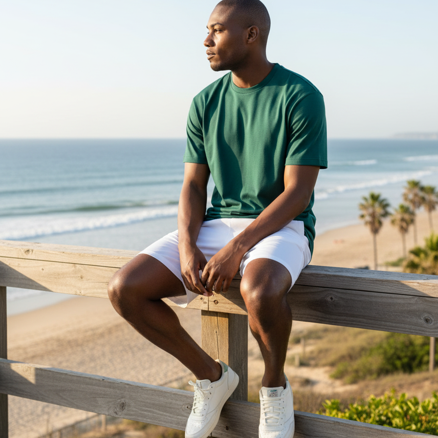 Man sitting on a wooden fence by the ocean wearing a green t-shirt and white shorts.