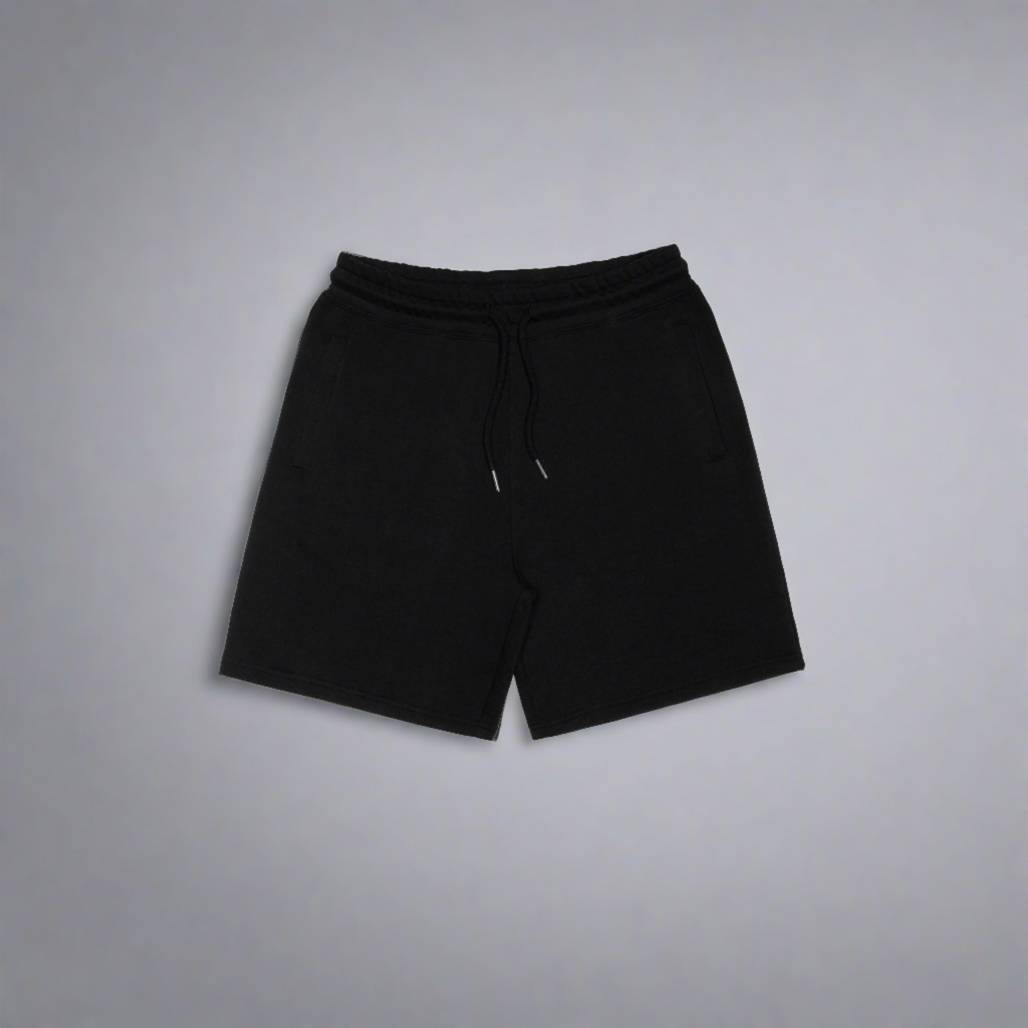 a display of a black pair of sweat shorts