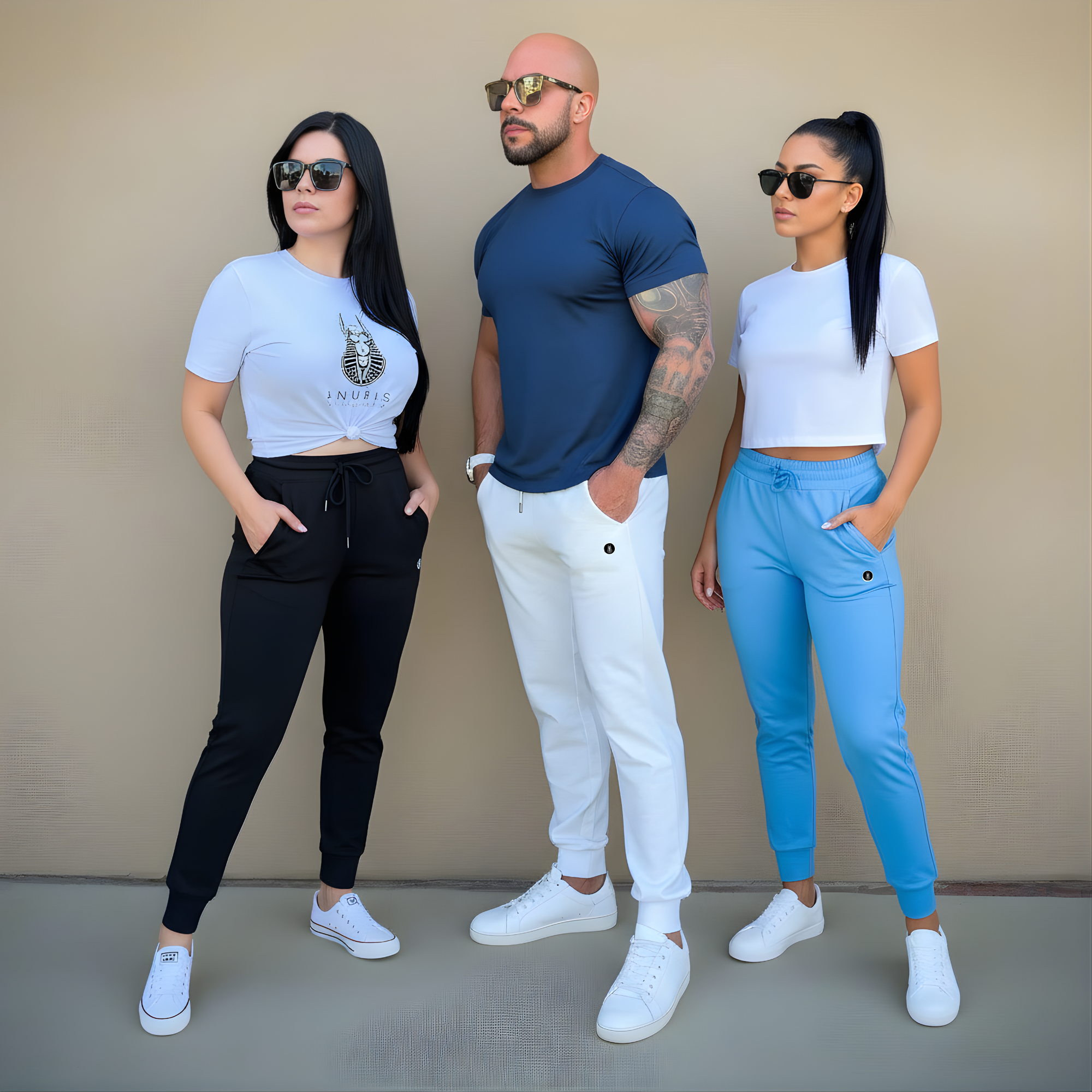 Three people standing side by side against a beige wall, wearing casual clothing.