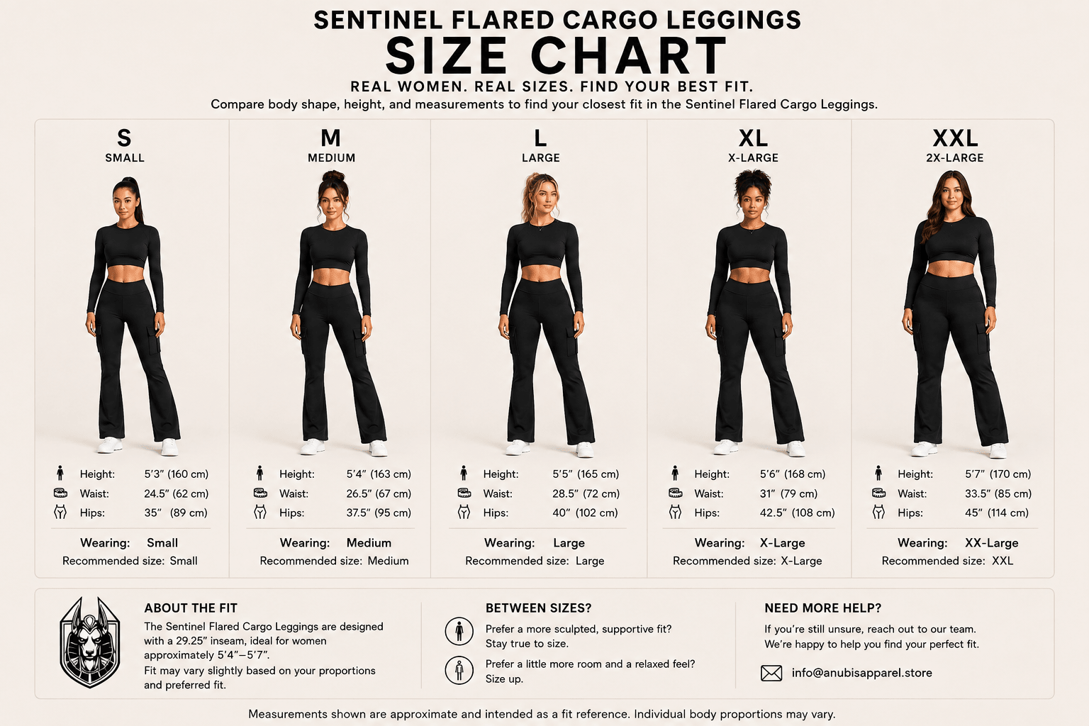 A size chart infographic for Sentinel Flared Cargo Leggings, showing body measurements for S, M, L, XL, and XXL sizes with model photos and sizing tables on a beige background.