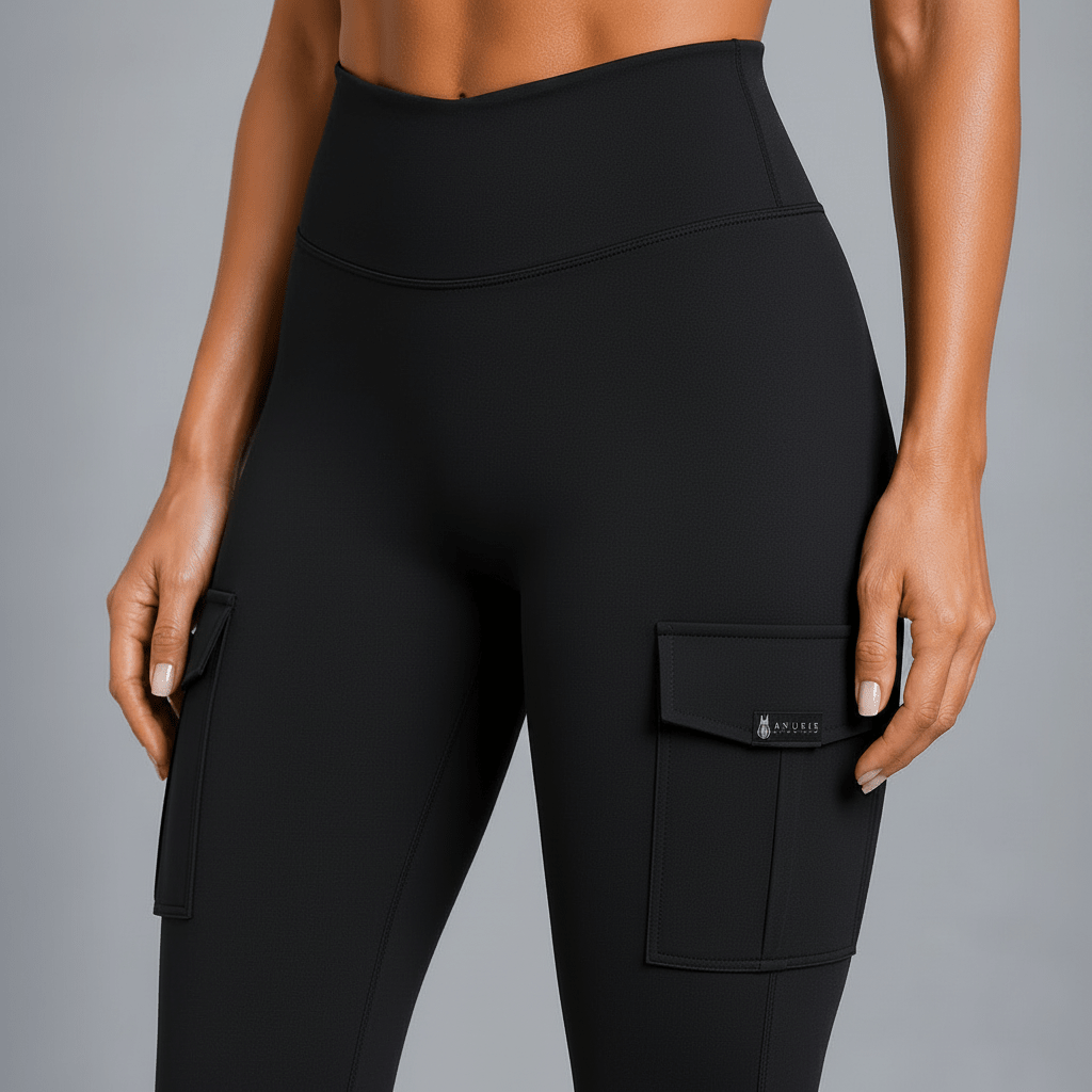 A close-up of a model wearing black high-waisted cargo leggings with side flap pockets, shown from the waist down against a solid gray background.