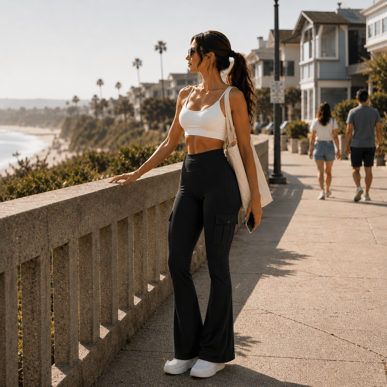 A woman stands on a sunny beach boardwalk wearing a white sports bra and black flared cargo pants, with a white tote bag and sunglasses. The background shows a coastal walkway, ocean, palm trees, and houses.