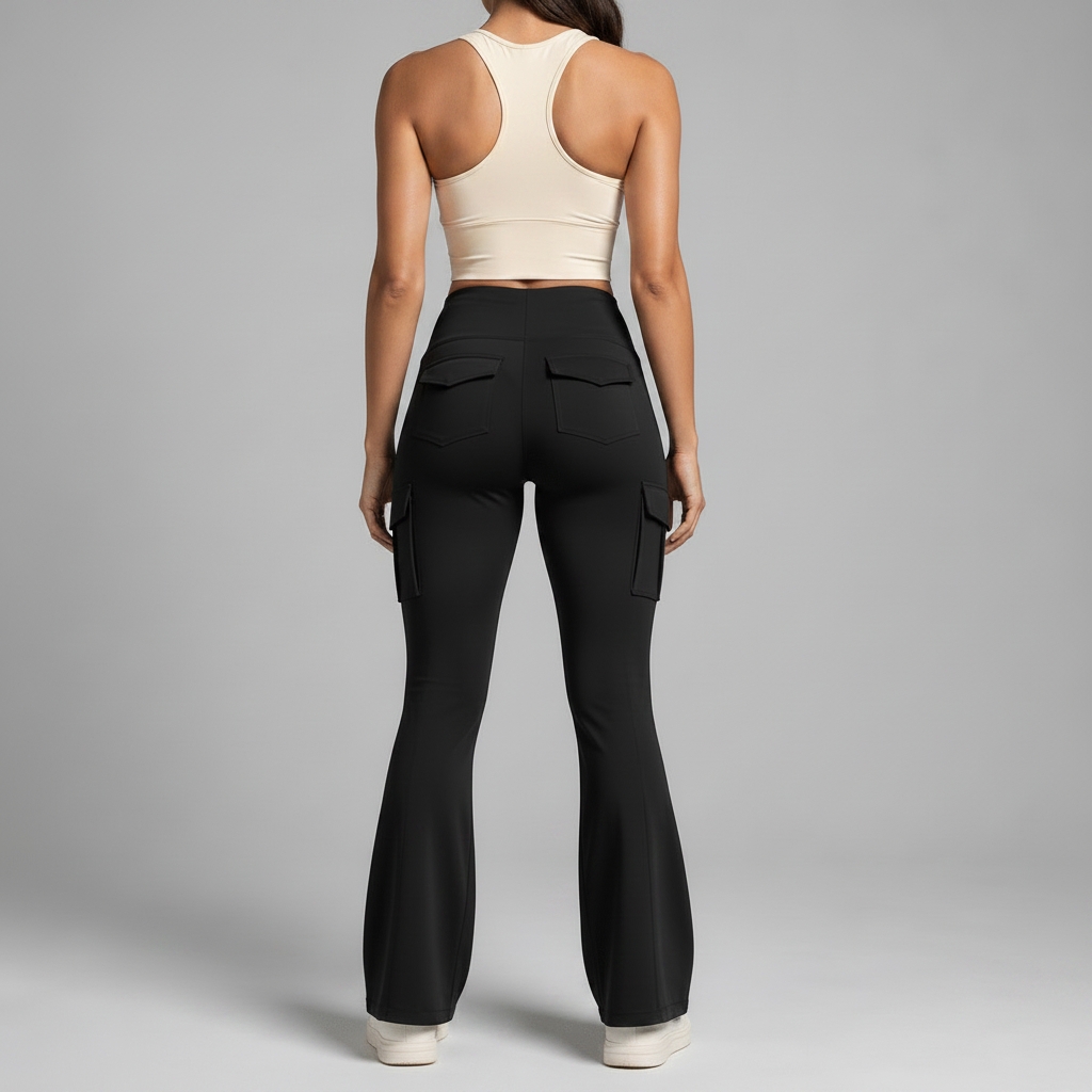 Person wearing black flared pants and a beige top on a gray background