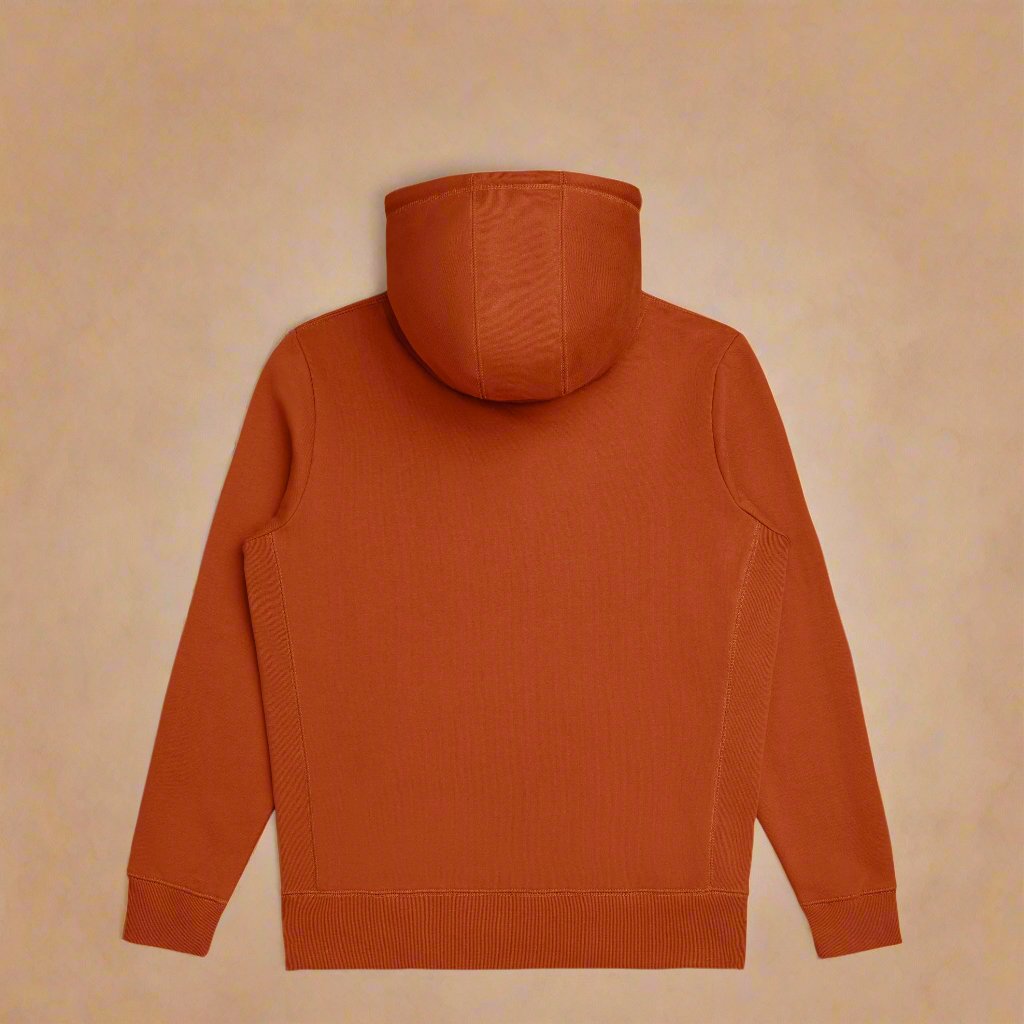 Rear view of a clay colored hoodie flat photography