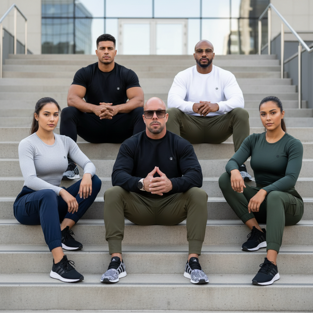 Five people sitting on steps in front of a modern building