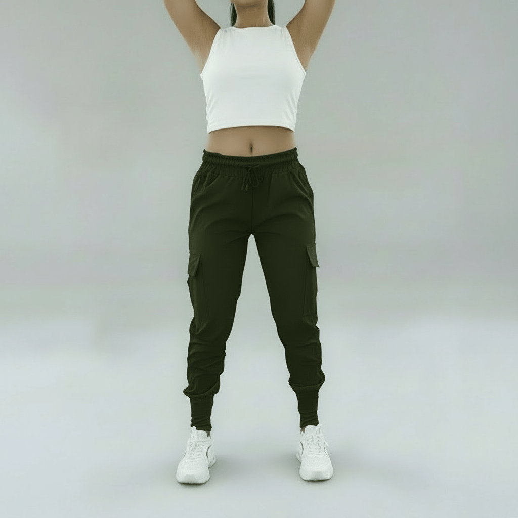 Person wearing a white crop top and green jogger pants on a plain background