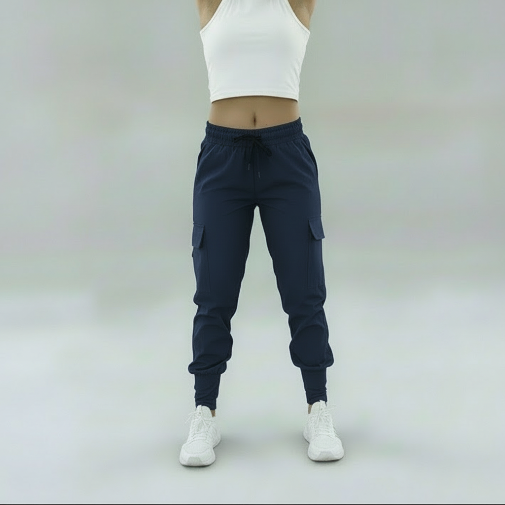 Person wearing navy jogger pants and white sneakers on a light gray background