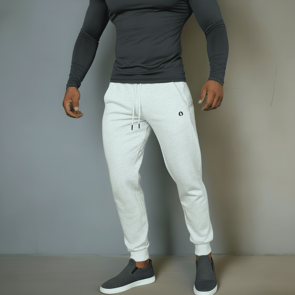 Person wearing a white long-sleeve top and light gray sweatpants with a logo, standing against a plain background.