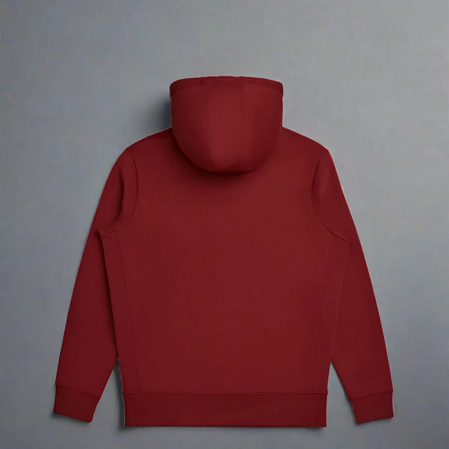 rear view of a pull over hoodie the color is Oxblood red