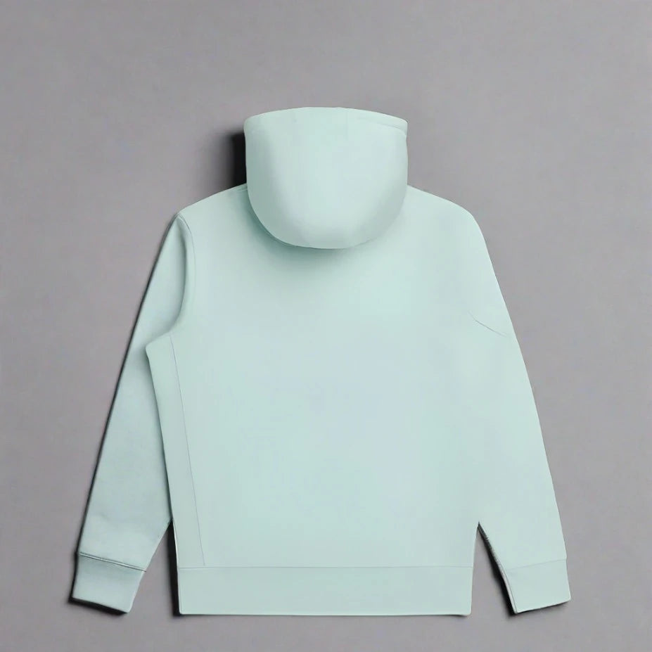 rear view of a seafoam colored zip up hoodie in front of a white background