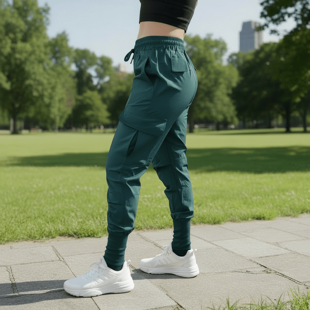 Person wearing green jogger pants and black shoes in a park setting