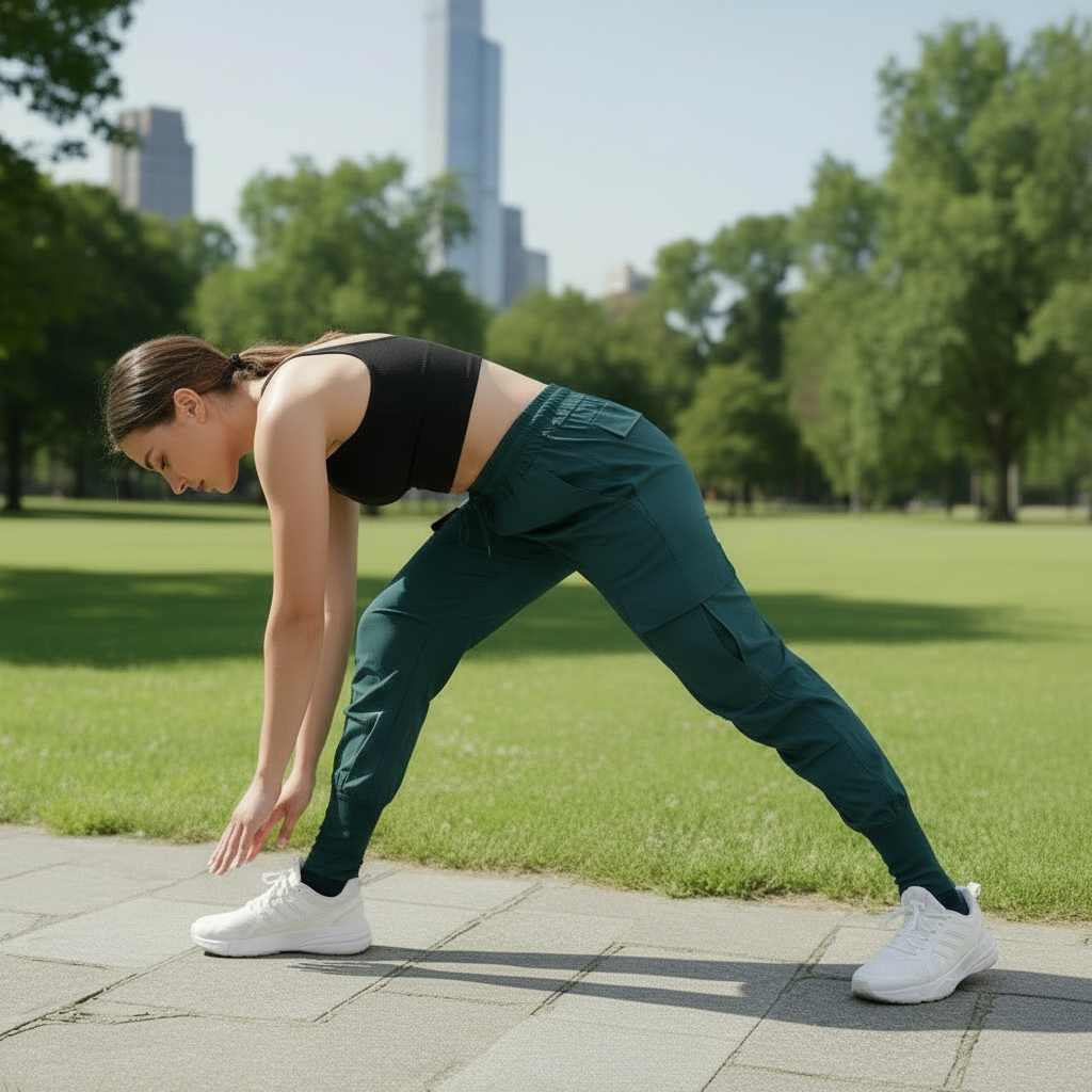 Woman stretching outdoors on a sunny day with trees and buildings in the background