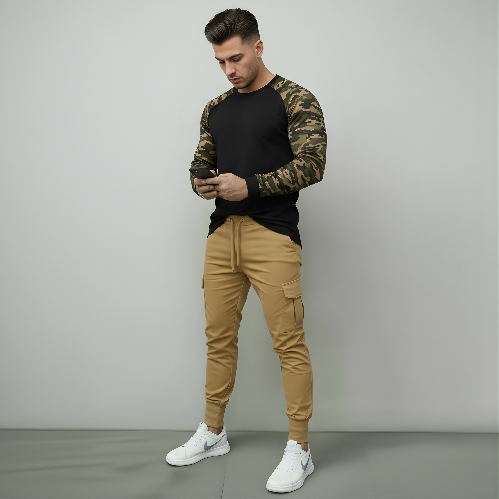 Man wearing a camouflage long-sleeve shirt and beige cargo pants against a gray background