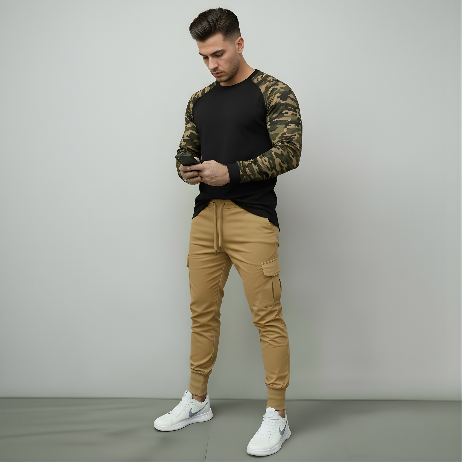 Man wearing a camouflage long-sleeve shirt and beige cargo pants against a gray background