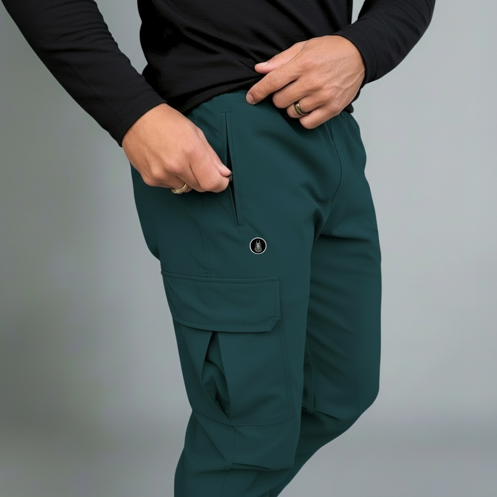 Teal cargo pants worn by a person on a gray background