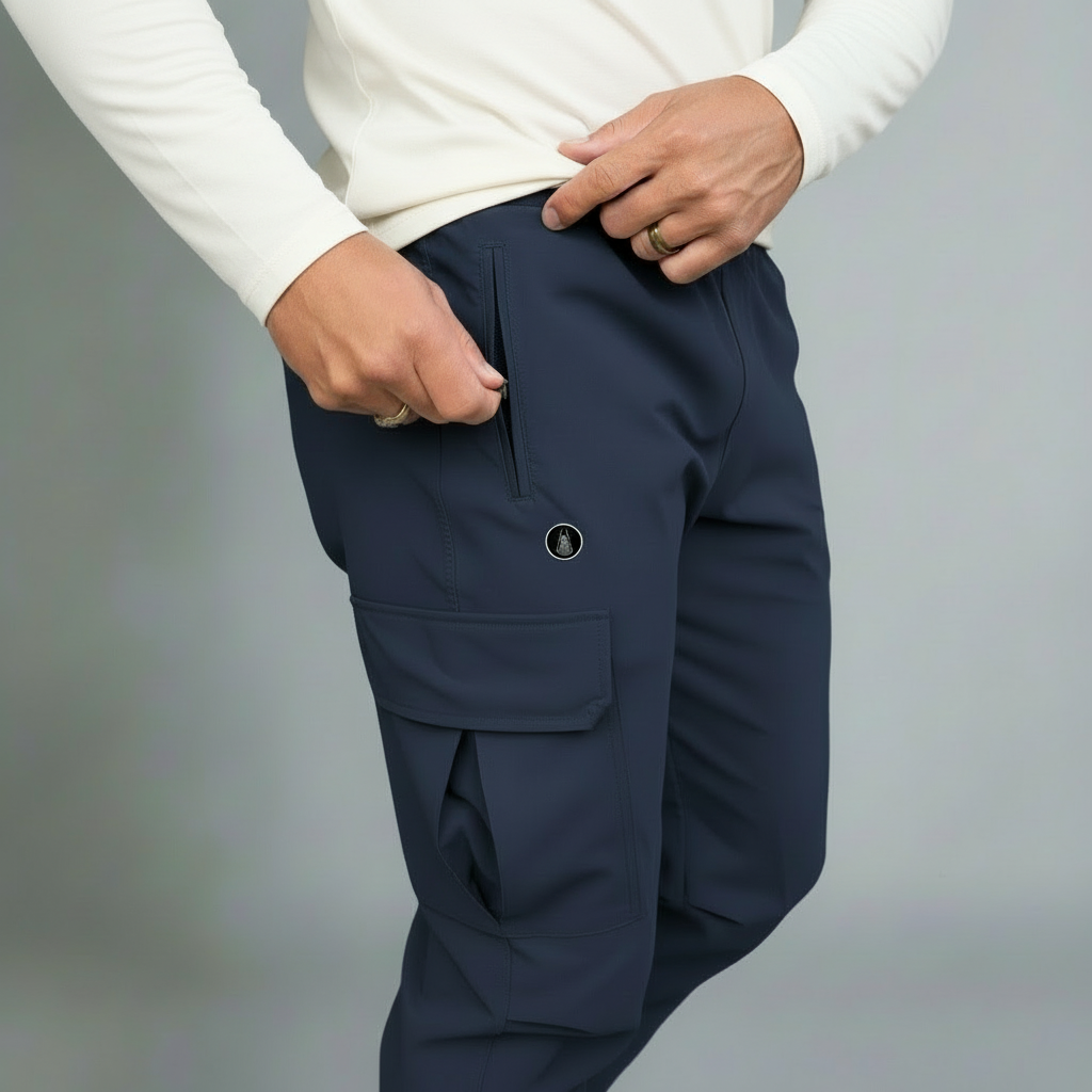 blue cargo pants worn by a person on a gray background