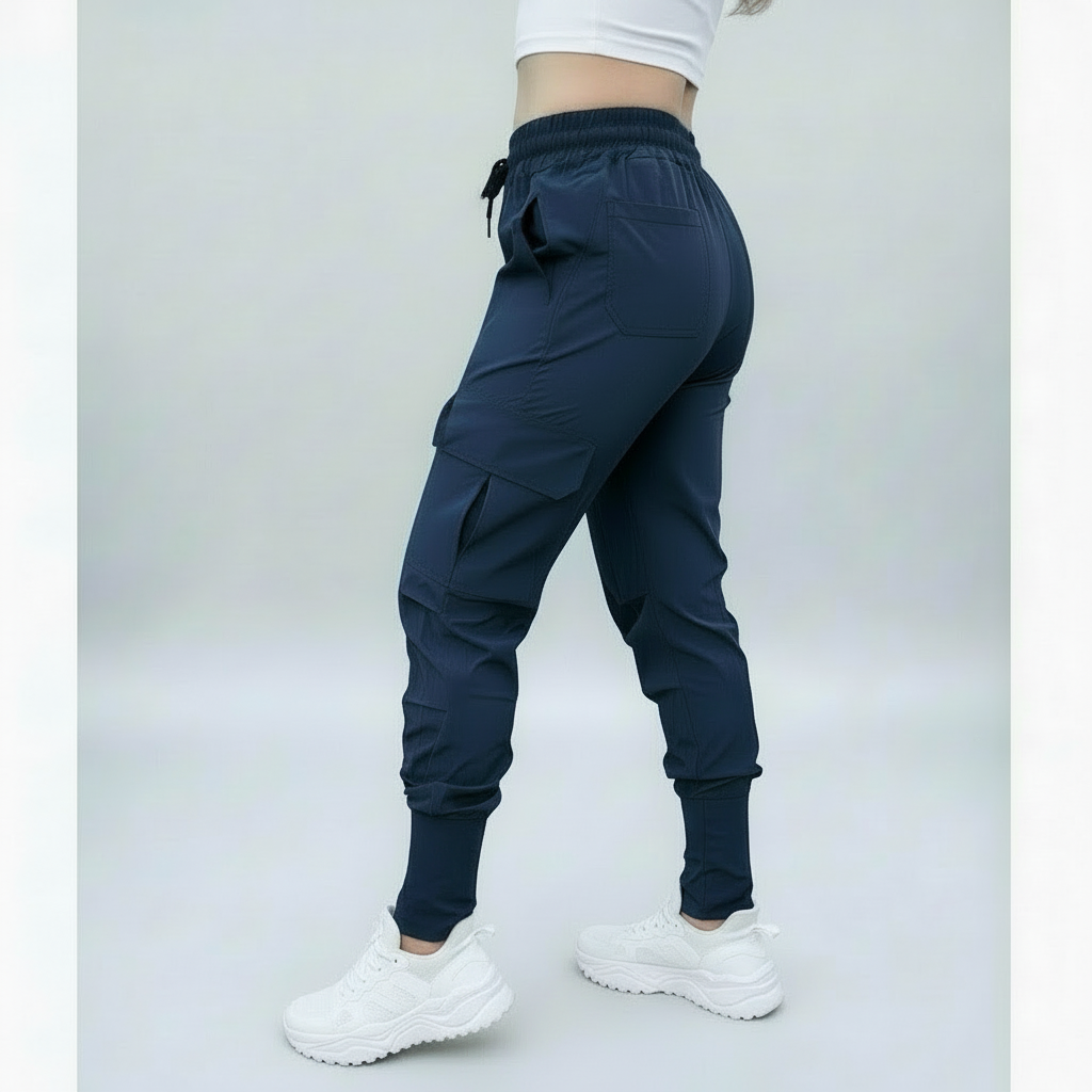 Person wearing navy jogger pants and white shoes on a white background