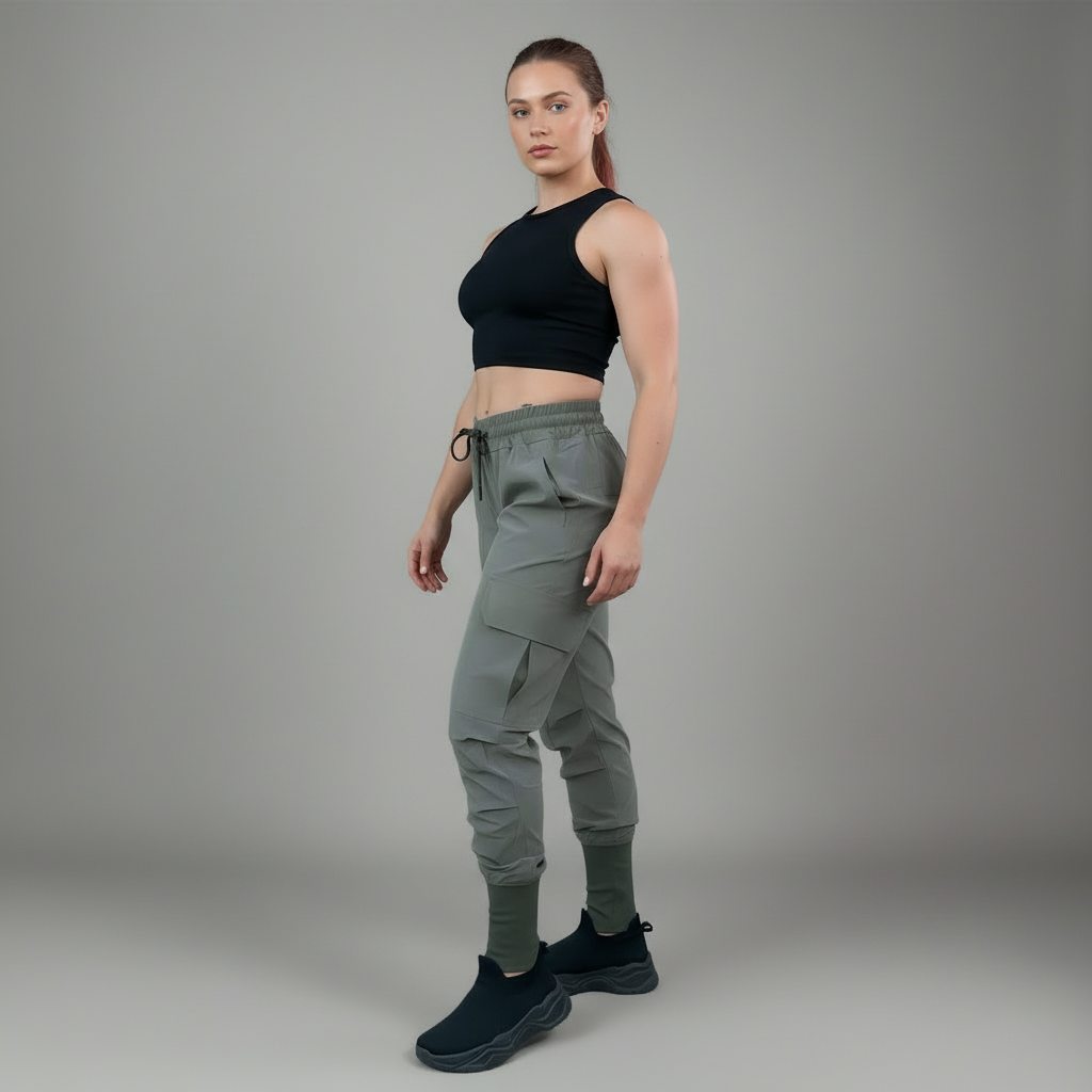 Woman wearing a black crop top and Military Olive jogger pants against a gray background