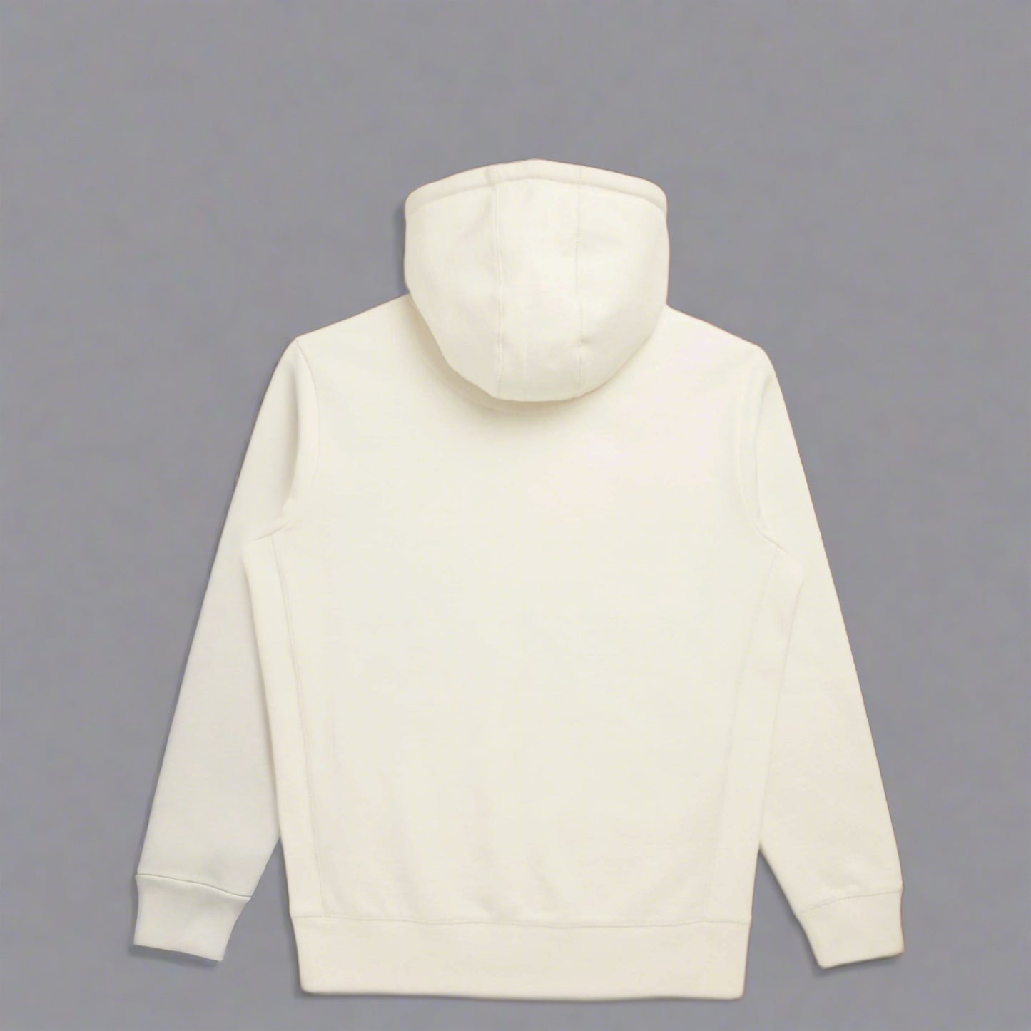 rear view of a cream colored zip up hoodie in front of a white background