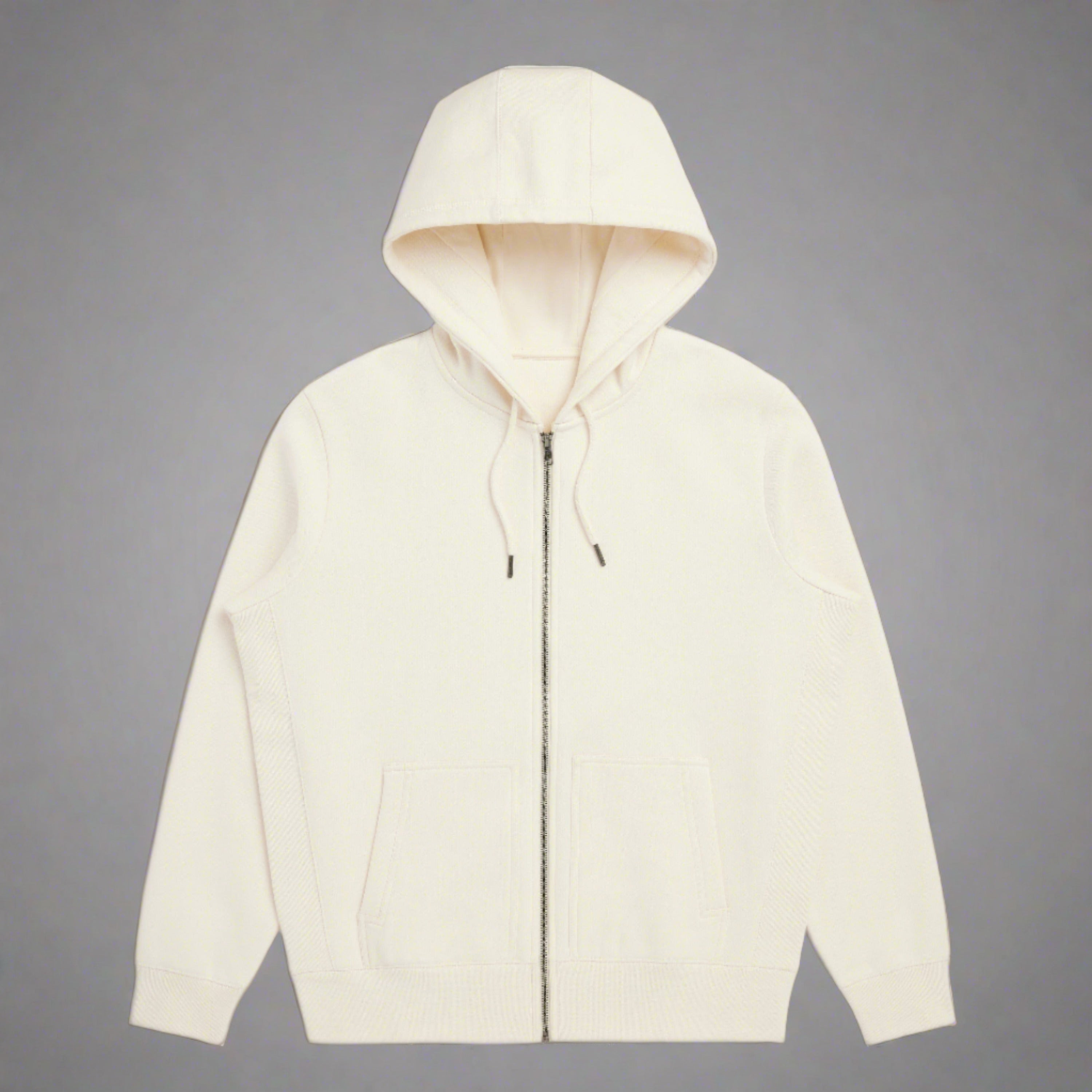 A white hooded hoodie made from organic cotton, featuring a front zipper and side pockets.