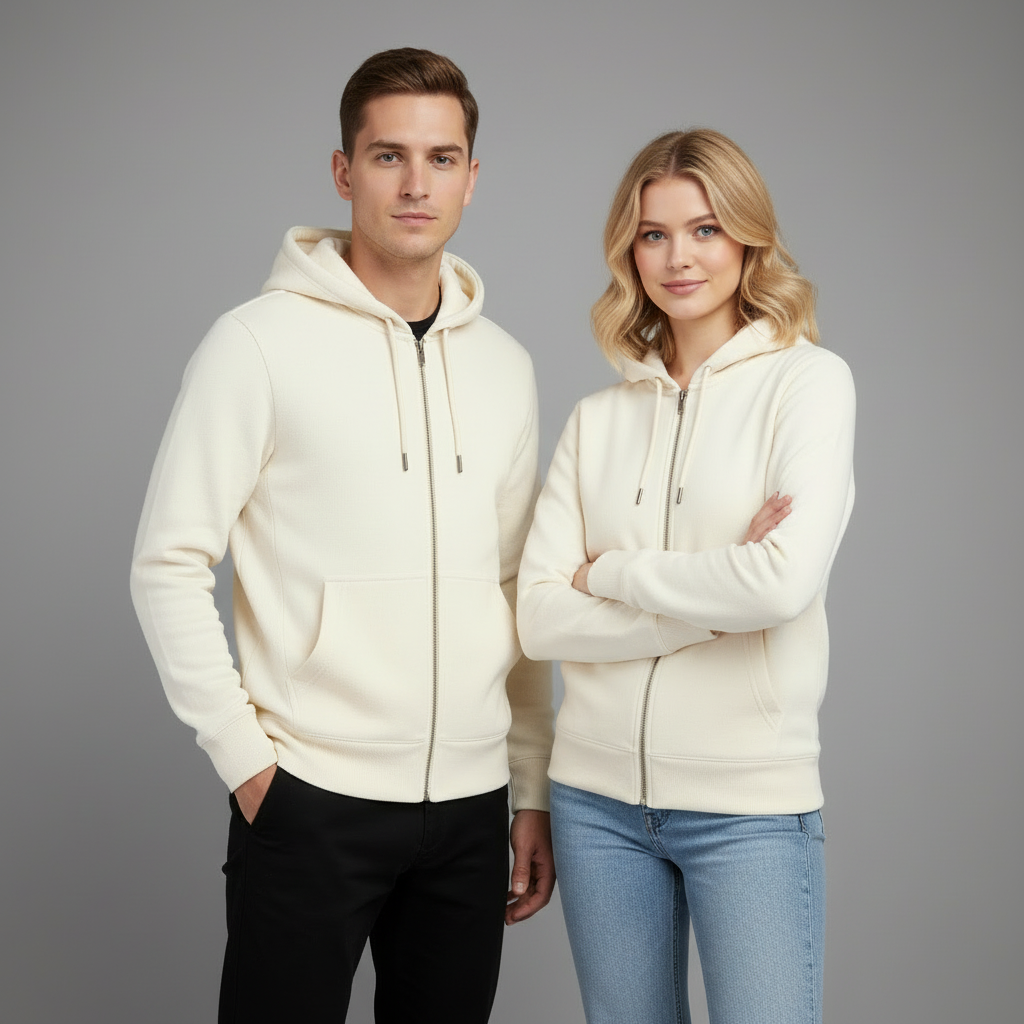 Man wearing a cream hoodie against a gray background