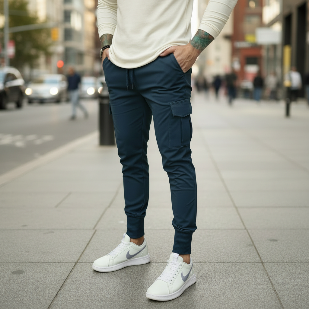 Person wearing navy cargo jogger pants and white sneakers on a plain background