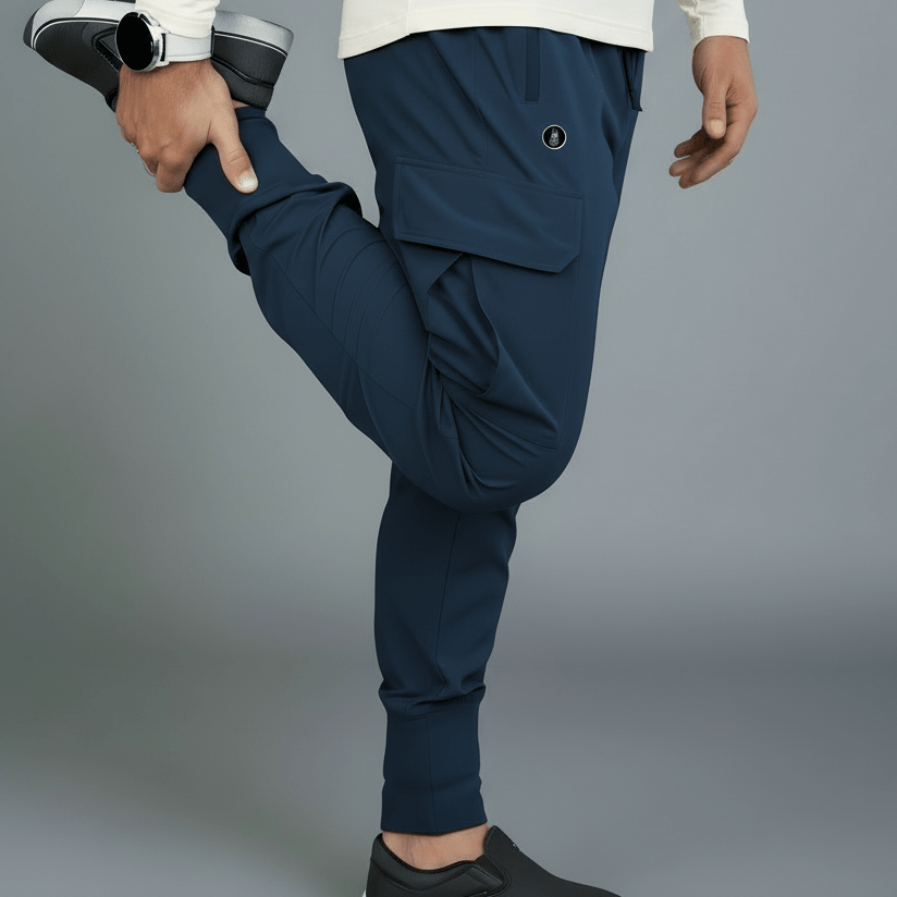 Person wearing navy jogger pants and black long-sleeve shirt on a gray background