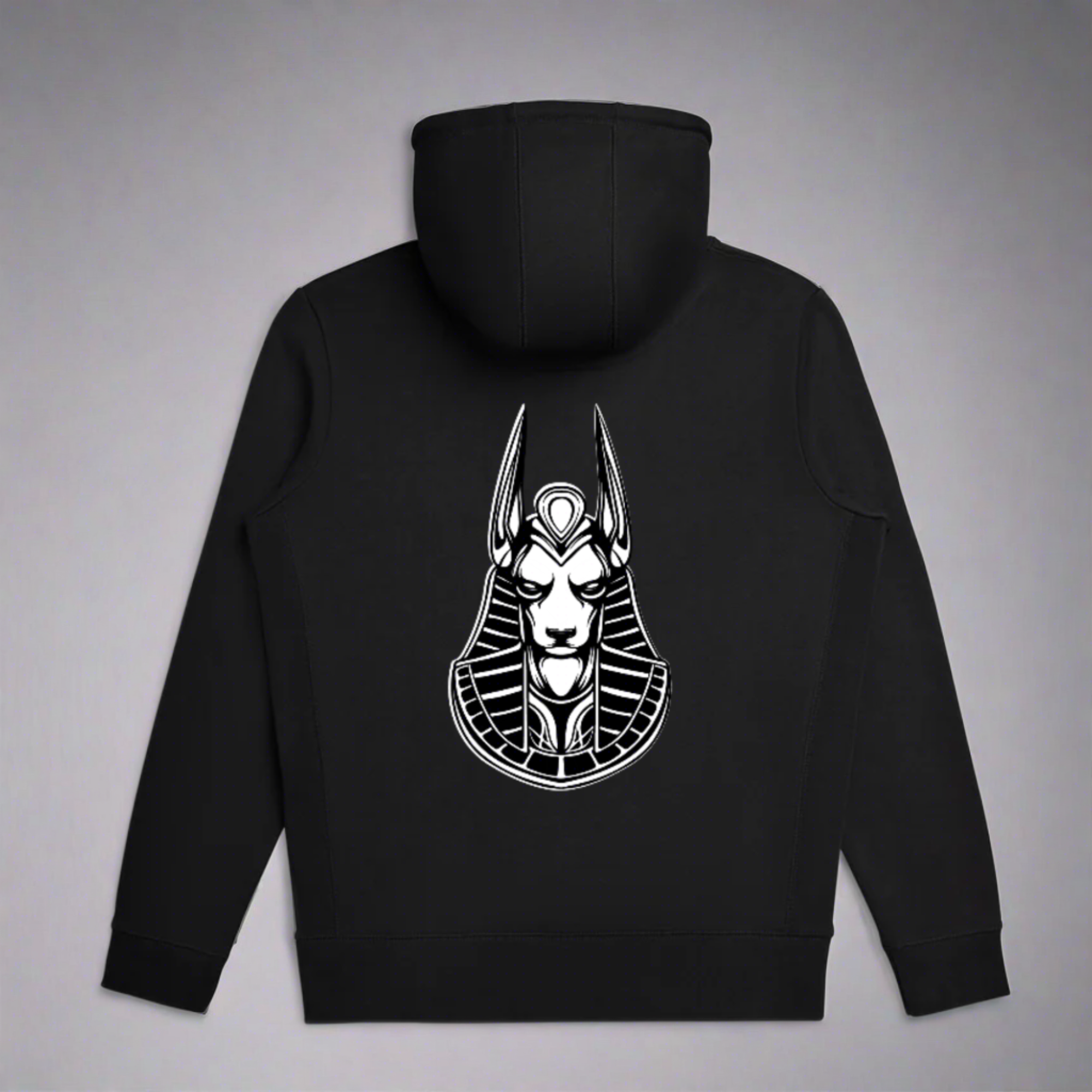 Rear view of a black Pull over hoodie with a picture Anubis printed in the center