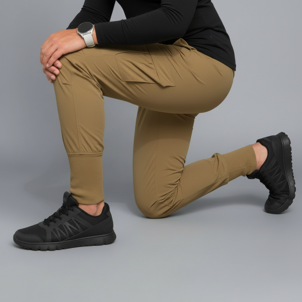 Person wearing beige pants and black shoes on a gray background