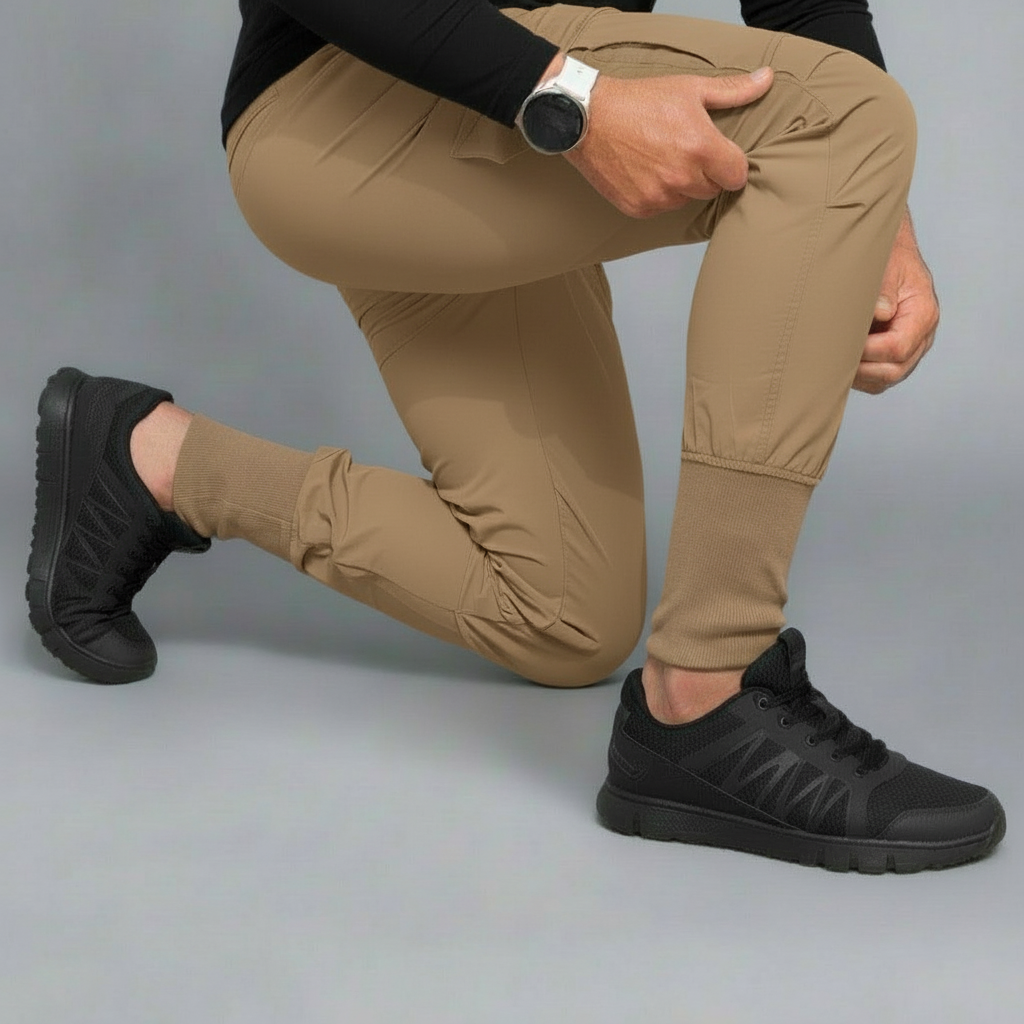Person wearing beige pants and black shoes on a gray background