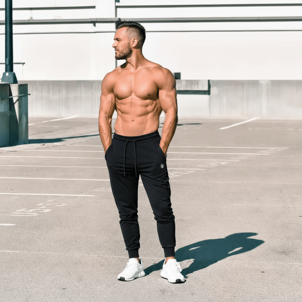 A shirtless, muscular man wearing black jogger sweatpants and white sneakers stands in a concrete parking structure, looking off-camera.