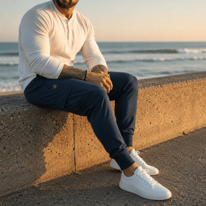 A man sitting on a concrete pier by the ocean at sunset, wearing a white long-sleeve henley shirt, navy blue jogger pants, and white sneakers.