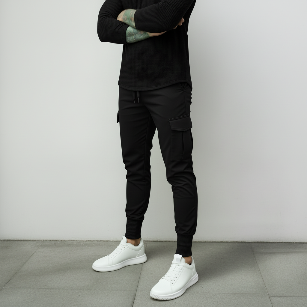 Person wearing a black outfit with white sneakers against a plain background