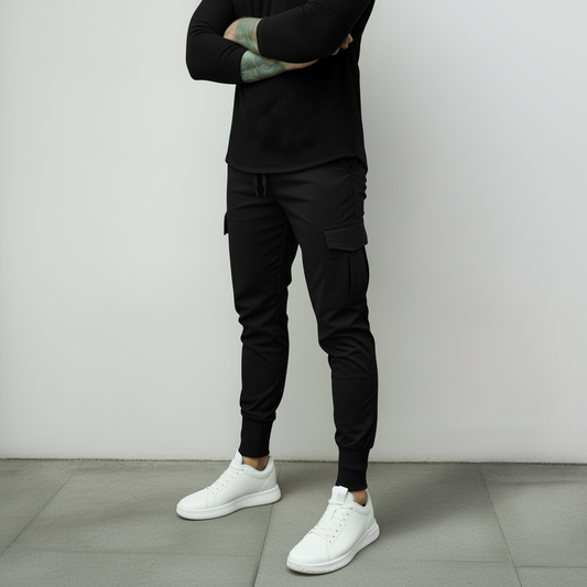 Person wearing a black outfit with white sneakers against a plain background