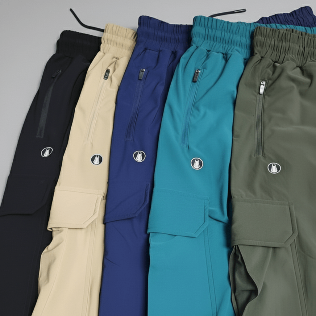 Five pairs of pants in black, beige, blue, green, and teal on a gray background.